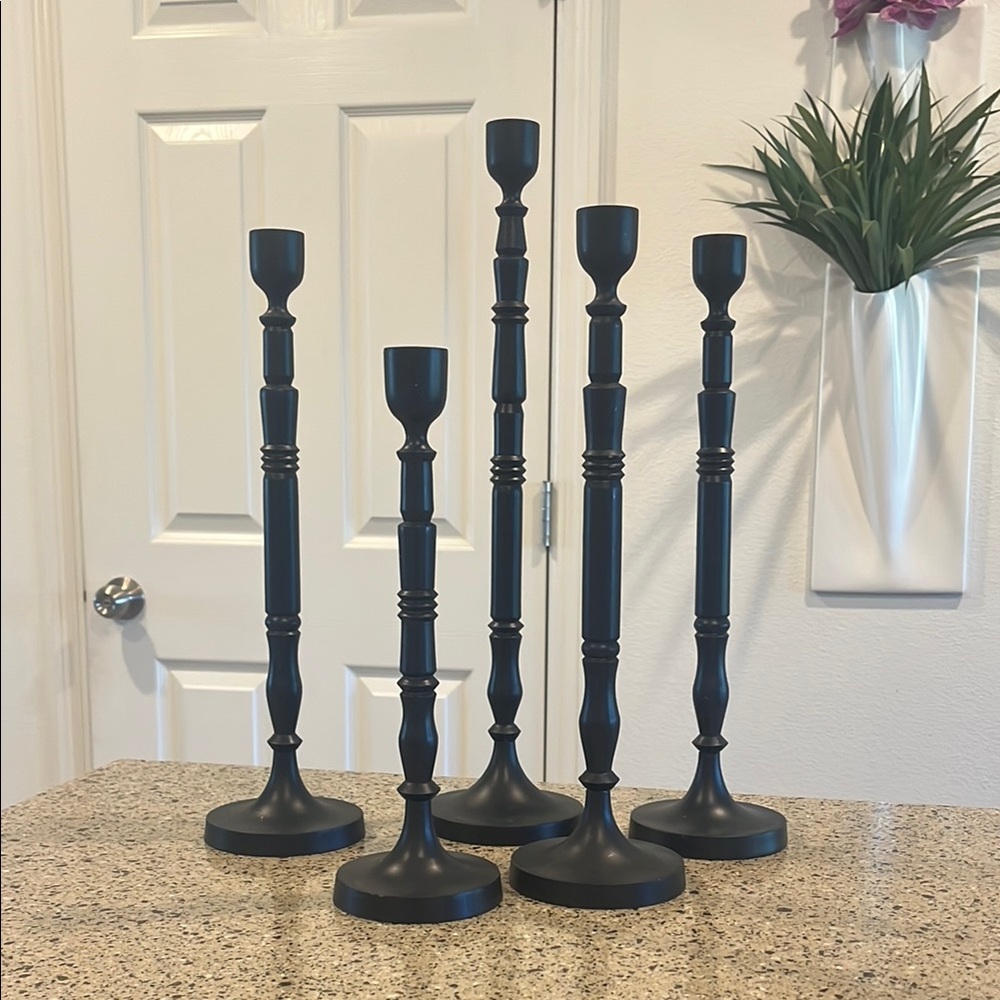 Crate & Barrel Black Wood Candle Holders Set